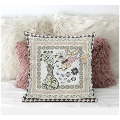 Amrita Sen Designs CAPL623FSDS-ZP-20x20 20 x 20 in. Love Your Vase Peacock Suede Zippered Pillow with Insert - White, Pink & Light Green 