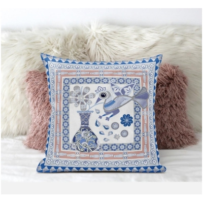 Amrita Sen Designs CAPL595FSDS-BL-16x16 16 x 16 in. Love Your Vase Peacock Suede Blown & Closed Pillow - Blue, Peach & Grey 