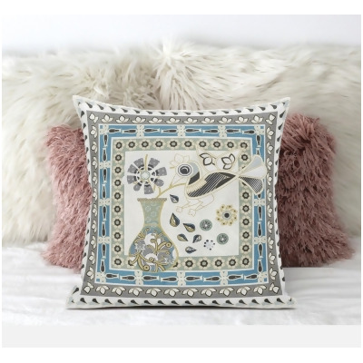Amrita Sen Designs CAPL611FSDS-ZP-20x20 20 x 20 in. Love Your Vase Peacock Suede Zippered Pillow with Insert - Off White, Grey & Green 