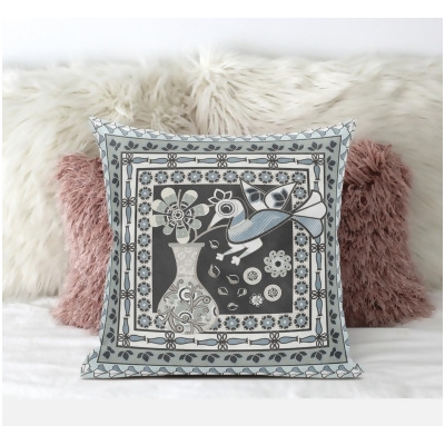 Amrita Sen Designs CAPL593FSDS-BL-20x20 20 x 20 in. Love Your Vase Peacock Suede Blown & Closed Pillow - Black & Muted Blue 