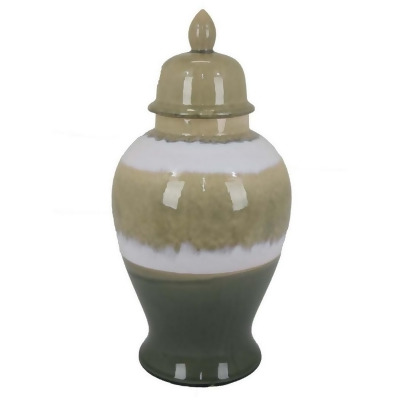 Benjara BM310133 17 in. Pril Ceramic Temple Jar with Clean Lines, Brown, Green & White 