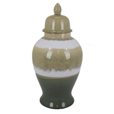 Benjara BM310134 20 in. Pril Ceramic Temple Jar with Clean Lines, Brown, Green & White 