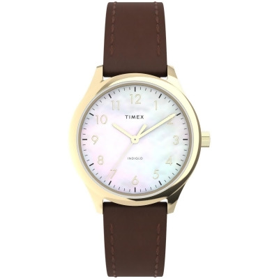 Timex TW2W157009J 32 mm Womens Modern Easy Reader Watch - Brown Strap Mother of Pearl Dial Gold-Tone Case 