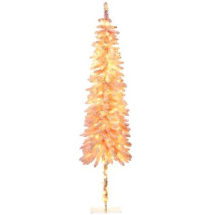 212 Main 830-735V81PK 7 ft. Homcom Prelit Pencil Artificial Christmas Tree with Snow Flocked Branches, LED Lights & Downswept Shape, Pink 