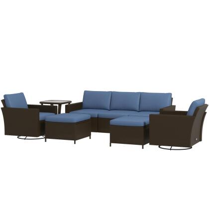 212 Main 860-312V00CF Outsunny Rattan Patio Furniture Set with 3-Seater Sofa, Swivel Rocking Chairs & Footstools, 2 Tier Table, Deep Coffee - 6 Piece 