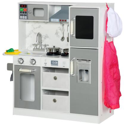 212 Main 350-149V80WT Qaba Wooden Toy Kitchen with Lights Sounds, Apron & Chef Hat, Ice Maker, Utensils, Range Hood, White 