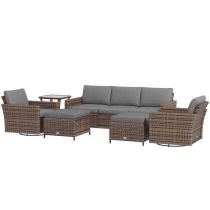 212 Main 860-312V00MB Outsunny Rattan Patio Furniture Set with 3-Seater Sofa, Swivel Rocking Chairs, Footstools, 2 Tier Table, Mixed Brown - 6 Piece 
