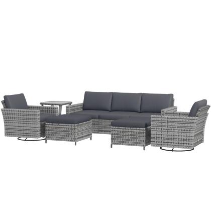 212 Main 860-312V00GG Outsunny Rattan Patio Furniture Set with 3-Seater Sofa, Swivel Rocking Chairs, Footstools, 2 Tier Table, Mixed Gray - 6 Piece 