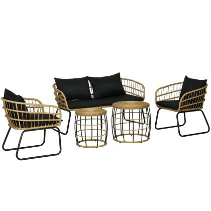212 Main 860-320V00BK Outsunny PE Rattan Outdoor Furniture Set with Cushioned Chairs, Loveseat Sofa & Stackable Coffee Tables, Black - 5 Piece 