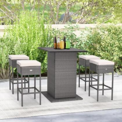 Total Tactic HW71623WH- 5 Piece Outdoor Wicker Bar Table Set with Hidden Storage Shelves, White