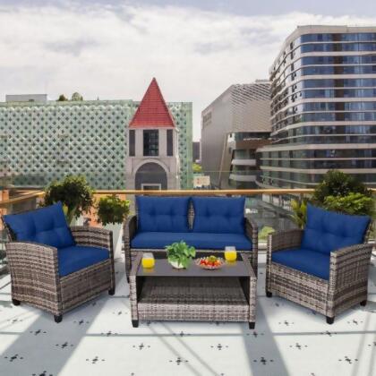 Total Tactic HW68647NY 4 Piece Patio Rattan Furniture Set with Coffee Table & Cushioned Sofa, Navy 