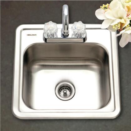 Houzer 1515-6BS-C 15 in. Hospitality Series Drop-in Topmount 2-hole Single Bowl Bar & Prep Sink with Basket Strainer, Stainless Steel