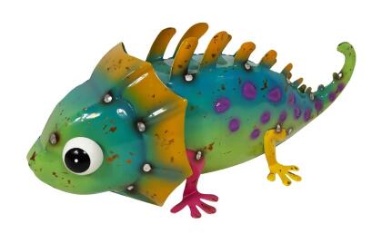 Continental Art Center 21143 Colorful Enameled Metal Dotten Lizard Statue - Green 