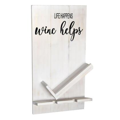 Elegant Designs Lucca Wall Mounted Wooden Life Happens Wine Helps Wine Bottle Shelf with Glass Holder, White Wash 