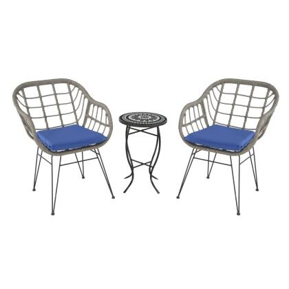 W Unlimited D2129XW2127GY Faux Rattan Basket Chair Set with Mosiac Accent Table, Gray 