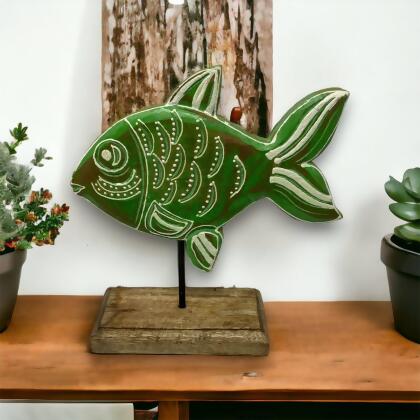 Metrotex Designs 12244 Larry Lime Fish on Stand Sculpture - Lime & Henna 