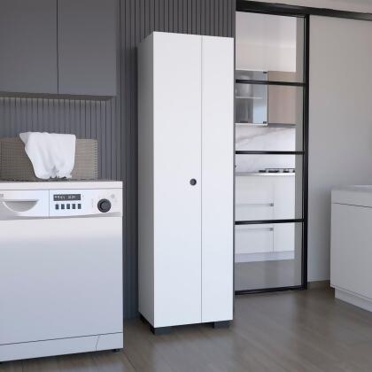 DEPOT E-SHOP DE-MLB9066 DEPOT E-SHOP Broom Cabinet Double-Door Design with Inner Shelves and Side Hangers, White 