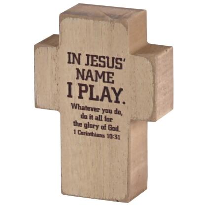 Dicksons TPLKC34-121 4 in. In Jesus Name I Play Tabletop Cross - Brown 