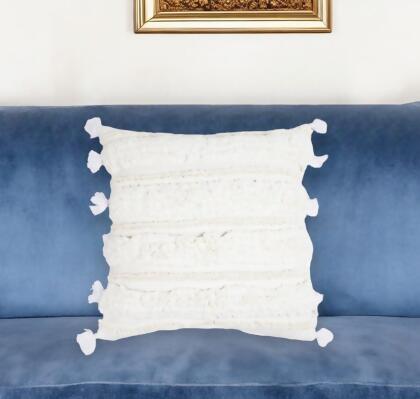 HomeRoots 534817 16 in. White Striped Cotton Throw Pillow Cover with Tassels & Tufts 