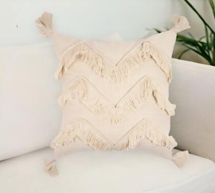 HomeRoots 543454 18 in. Off White Chevron Cotton Throw Pillow Cover with Fringe, Tassels 