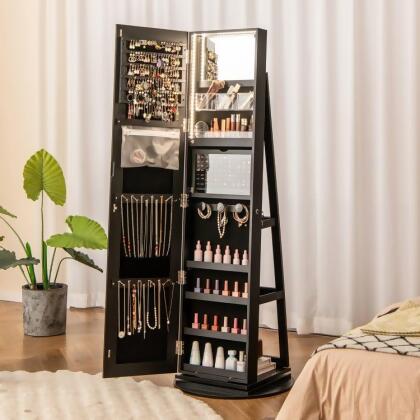 Total Tactic JV10430DK 360 deg Rotating Mirrored Jewelry Cabinet Armoire with 3 Color LED Modes Lockable - Black
