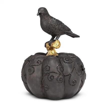 MDR Trading AB-27-NEVERMORE-760-Q01 14 in. Raven on A Brocade Pumpkin Figurine - Black & Gold 