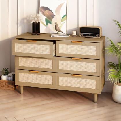 212 Main F-SPR-W75763040 6-Drawer Rattan Dresser with Ample Storage & Gold Handles - Oak 
