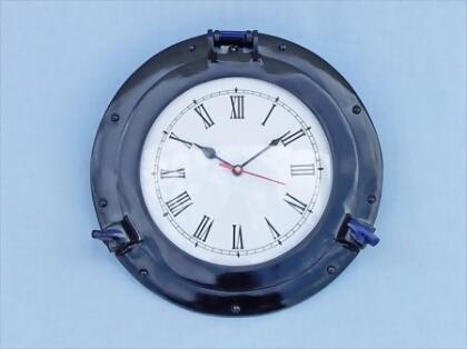 Handcrafted Model Ships WC-1445-12-Blue Brass Deluxe Class Porthole Clock 12 in. - Dark Blue Decorative Accent 
