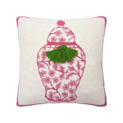 Peking Handicraft 30AV442C16SQ 16 x 16 in. Chinoiserie Vase with Tassels Hook Pillow, Multi Color 