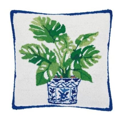Peking Handicraft 30SER620C18SQ 18 x 18 in. Monstera Plant in Blue Vase Square Hooked Wool Throw Pillow, Multi Color 