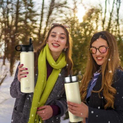 Costway KC55427BE-0 22 oz Insulated Stainless Steel Water Bottle with 2 Lids & Straw - Beige 