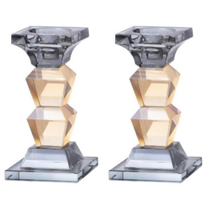 Schonfeld Collection 186109 6 in. Crystal Candlesticks & Tea Light Holders, Black & Gold - Set of 2 