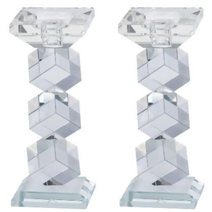 Schonfeld Collection 186101 8 in. Crystal Candlesticks & Tea Light Holders, Clear - Set of 2 