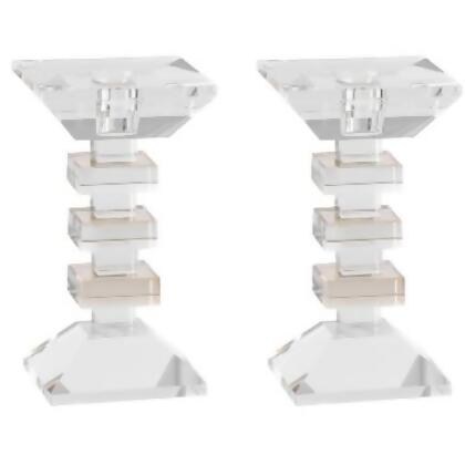 Schonfeld Collection 186092 6 in. Crystal Candlesticks & Tea Light Holders, Clear & Gold - Set of 2 