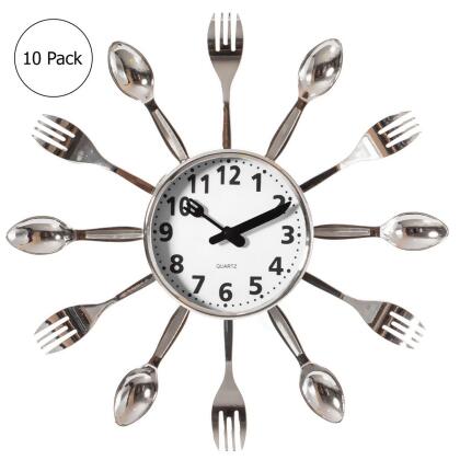 Clockswise QI004149.SI.10 Clockswise Bulk Set of 10PC 14' Oversized Decorative 3D Cutlery Utensil Spoon and Fork Wall Clock, Silver Design for Vibrant Kitchen, Playroom 