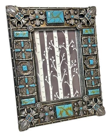De Leon Collections 14882 Rustic Faux Metal Fleur De Lis Concho with Turquoise Rectangle Stone 6 x 4 Photo Picture Frame 