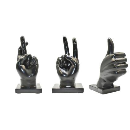 Lifestyle Brands 676685055255 Adam & Friends Home Decor Fingers Crossed, Peace Sign, Thumbs Up Sculpture | 3-Piece | Black 