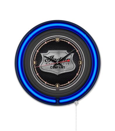 Holland Bar Stool Clk15BKIndn-MtlShBL 16 in. Dia. Indian Motorcycle Metal Shield Double Neon Wall Clock, Black 