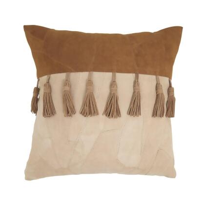 Saro Lifestyle 1516.N16SP Boho Patchwork Leather Tassel Poly Filled Pillow - Natural 