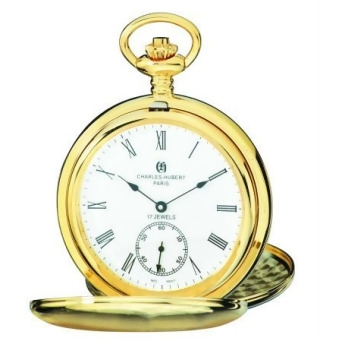 Charles-Hubert Paris 3908-GR Brushed Finish Gold-Plated Stainless Steel Double Cover Mechanical Pocket Watch