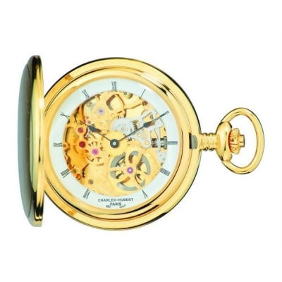 Charles-Hubert Paris 3906-G Brushed Finish Gold-Plated Stainless Steel Hunter Case Mechanical Pocket Watch 
