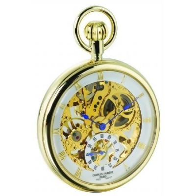 Charles-Hubert- Paris Stainless Steel Gold-Plated Mechanical Open Face Pocket Watch #3566 
