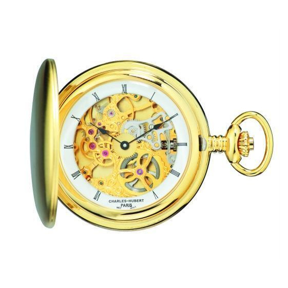 Charles-Hubert Paris 3905-G Polished Finish Gold-Plated Stainless Steel Hunter Case Mechanical Pocket Watch