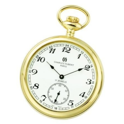 Charles-Hubert- Paris Stainless Steel Gold-Plated Mechanical Open Face Pocket Watch #3756-GA 