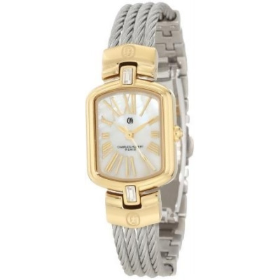 Charles-Hubert Paris 6808-T Two-Tone Stainless Steel Wire Bangle White MOP Dial Watch 