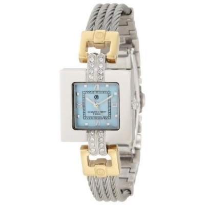 Charles-Hubert Paris 6807-T Two-Tone Stainless Steel Wire Bangle Light Blue MOP Dial Watch 