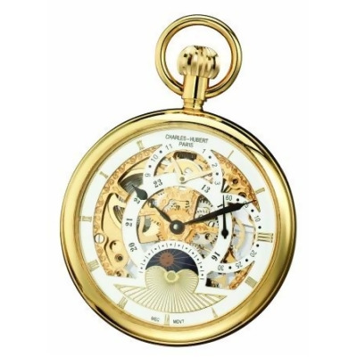 Charles-Hubert- Paris Stainless Steel Gold-Plated Mechanical Open Face Dual Time Zone Pocket Watch #3816