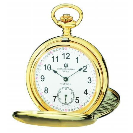 Charles-Hubert Paris 3908-GRR Brushed Finish Gold-Plated Stainless Steel Double Cover Mechanical Pocket Watch