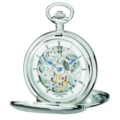 Charles-Hubert Paris 3904-W Polished Finish Stainless Steel Double Cover Mechanical Pocket Watch 