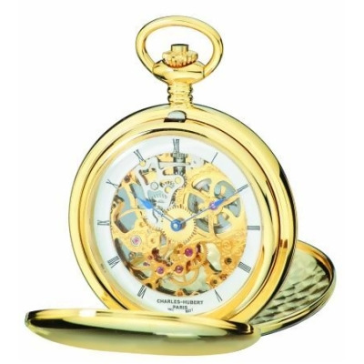 Charles-Hubert Paris 3904-G Polished Finish Gold-Plated Stainless Steel Double Cover Mechanical Pocket Watch 